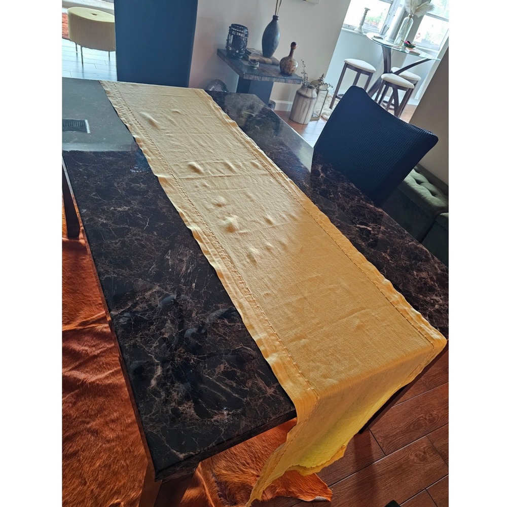 Williams Sonoma Yellow 100% Linen Table Runner Made in Italy Ladder Stitch